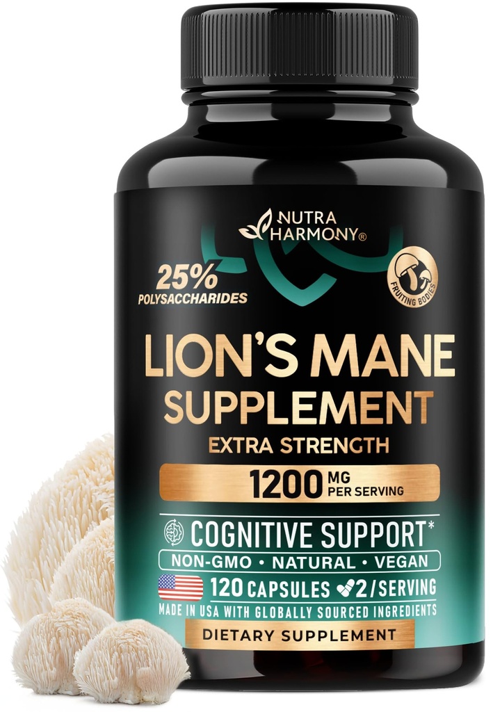 Lions Mane Supplement Capsules - Organic Lions Mane - Made in USA - Fruitting Bodies Extract - 1200 mg, 25% Polysakkaridit - Muisti & Focus Support - Kuten Lions Powder - 120 kapselia, 2 kuukauden toimitus