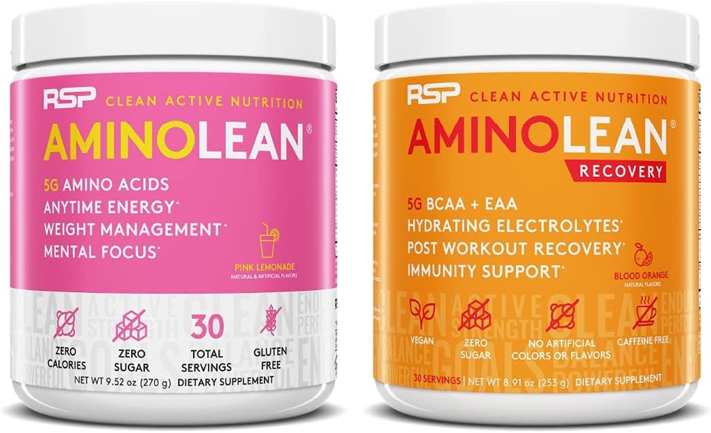RSP NUTRITION AminoLean Pre Workout Energy (Pink Lemonade 30 Servings) med AminoLean Recovery Post Workout Boost (Blood Orange 30 Servings)