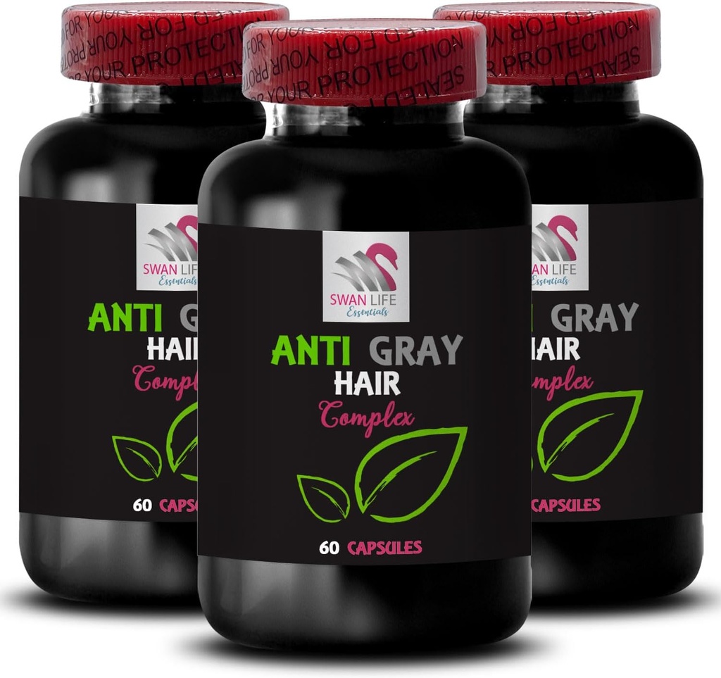 Anti harmaa hiukset vitamiineja - ANTI GRAY HAIR COMPLEX - Väri herääminen, Harmaa hiukset täydentää, Luonnollinen harmaa hoito, Vibrant hiukset, Hiusten hehku, Väri elinvoimaa, Harmaa hiustenhoito 3 pullot 180 kapselia