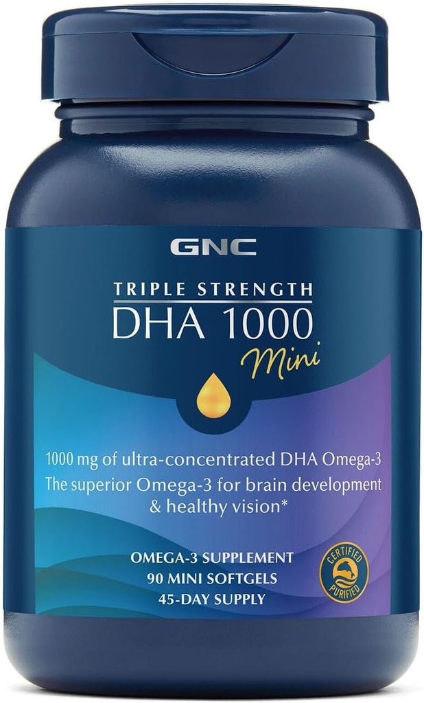 GNC Triple Strength DHA 1000 Mini Omega 3 Täydennysosa, 1000 mg, Ultra Säteilyä, Korkea Potenssi, Tukee aivojen kehitystä ja tervettä Vision, Burpless, 90 Mini Softgels, 45 SVG, 45 Day Supply