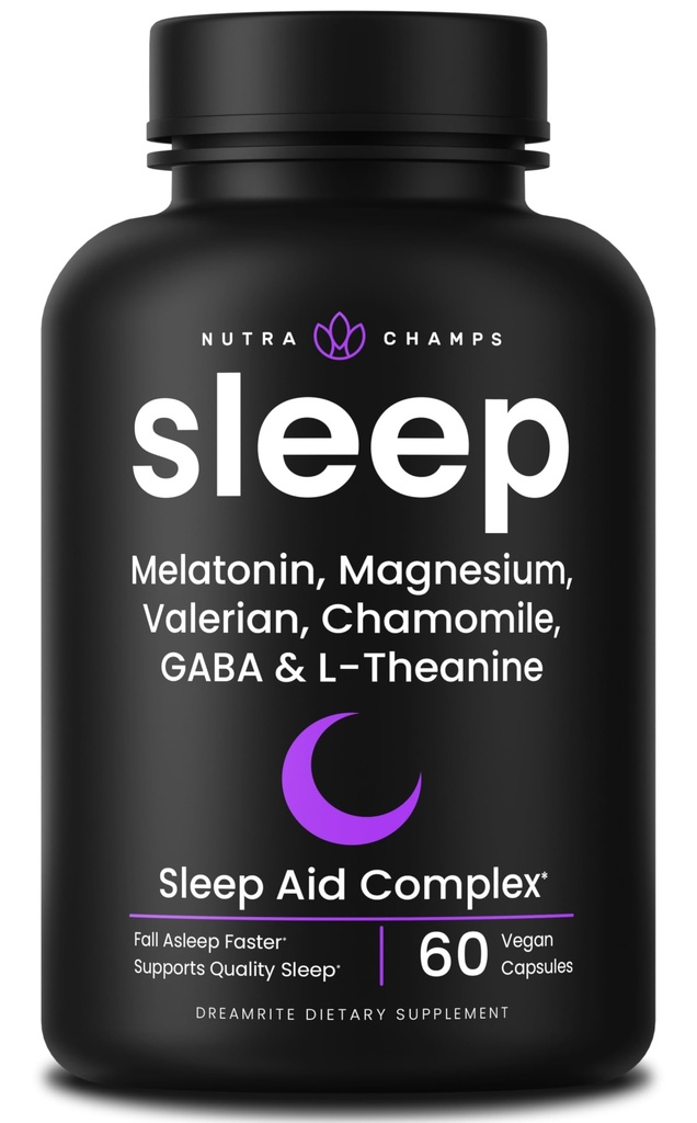 NutraChamps 10-in-1 Natural Sleep Aids aikuisille - Melatoniini, Lemon Balm 1000mg, Chamomile 400mg, Valerian Root 600mg, L Theanine, L Tryptophan, GABA, Magnesium uniapu