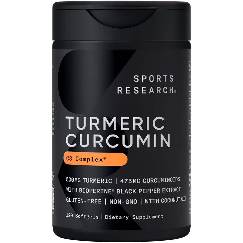 Sports Research Turmeric Curcumin C3 Complex - Softgels Bioperine Black Pepper Extract & Organic Coconut Oil, Standardoitu 95% Curcuminoidit - ei-GMO-varmennettu & Gluteeniton - 500 mg, 120 Count