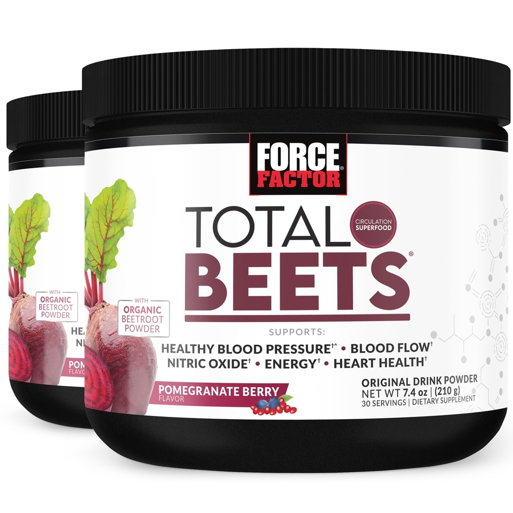 Force Factor Total Beets Drink Mix Superfood Powder med Nitrater för att stödja cirkulation, kväveoxid, energi, uthållighet och uthållighet, kardiovaskulär hjärthälsotillskott, 60 portioner, 2-pack