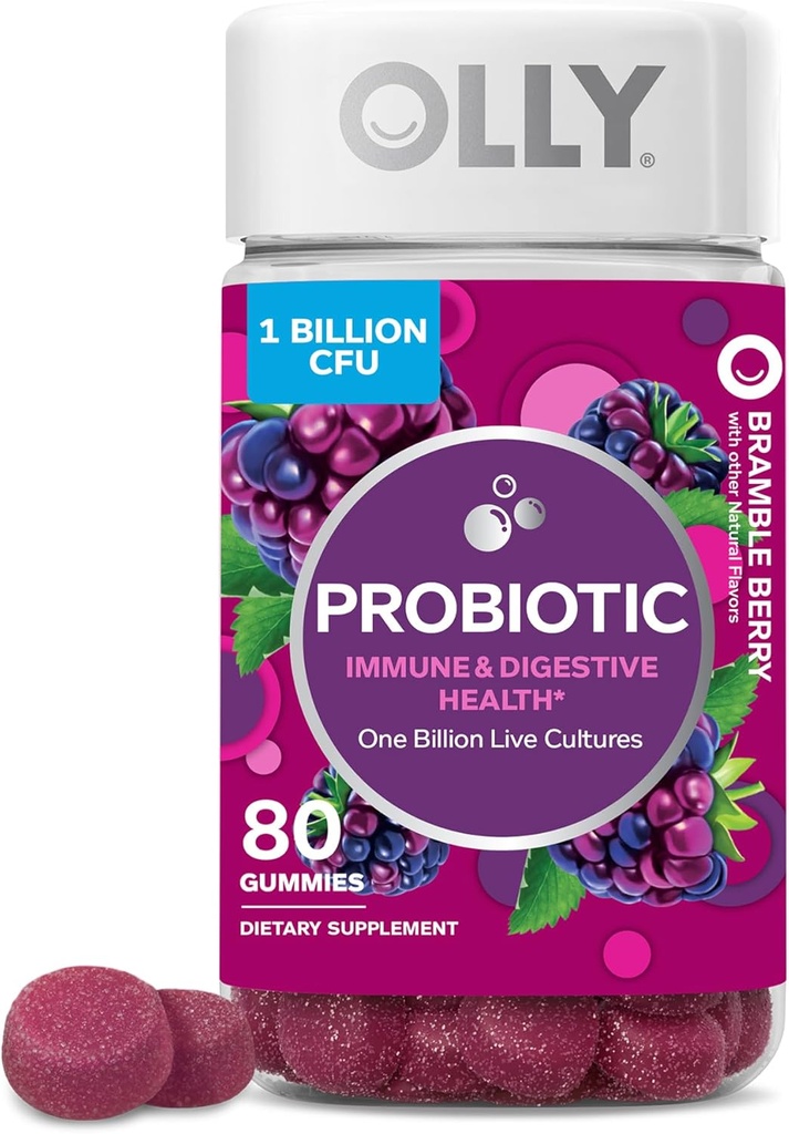 Olly Probiootti Gummy, Immuuni- ja digestiivinen tuki, 1 miljardia PMY, pureskeltava Probiootti täydentää, marja, 40 päivän tarjonta - 80 Count