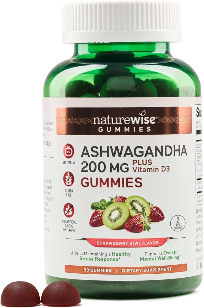 NatureWise Ashwagandha Gummies - Strawberry Kiwi - KSM-66 med vitamin D3 - Calming Mood Support - Vegetarian - Non-GMO, Gelatin och Gluten Free - 90 Count[45-Day Supply]