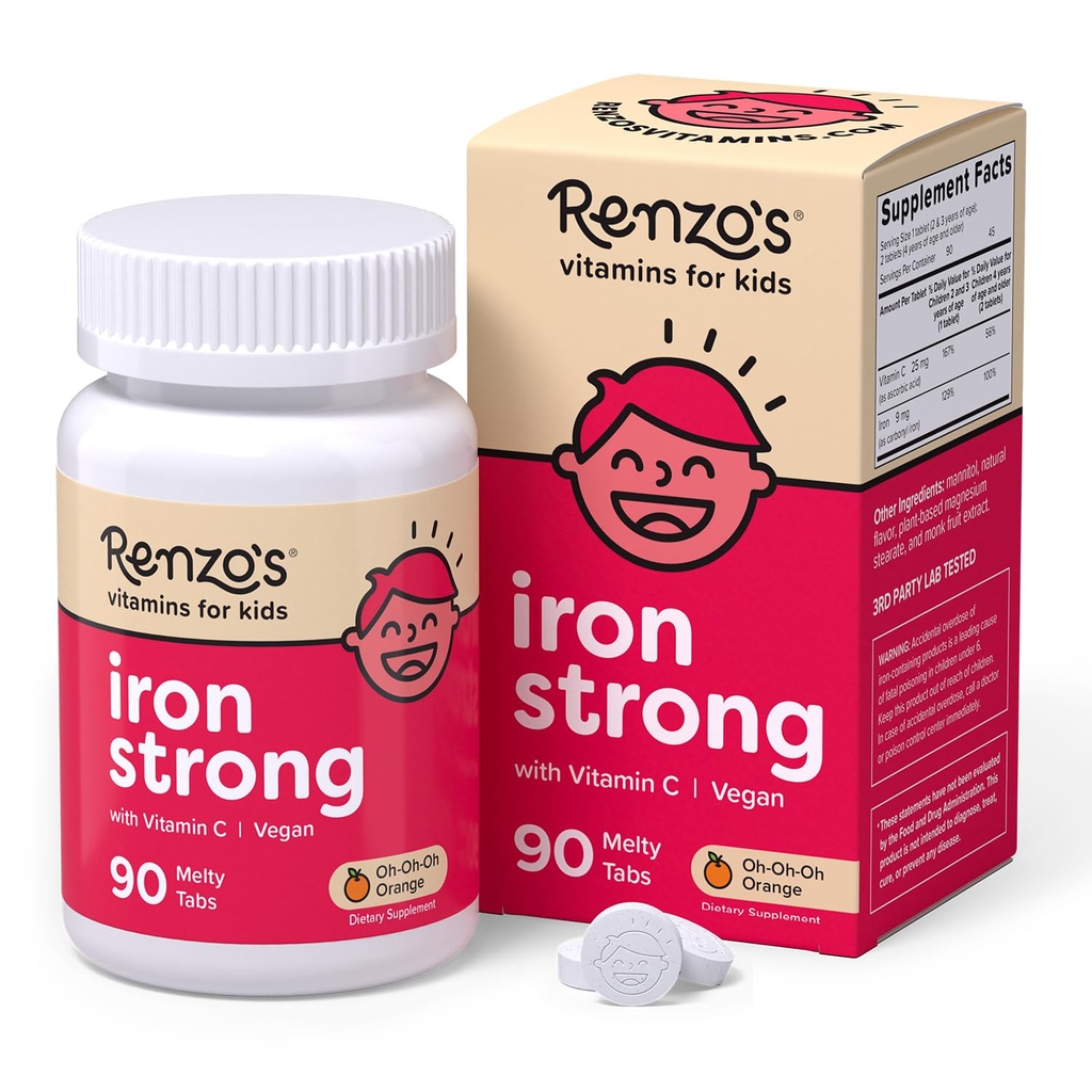 Renzo's Iron Supplements lapsille, Ratkaistavat Vegaani lapset Iron Supplement C-vitamiini, Sokerittomia Melty Tabs, Orange Flavor, 90-Count