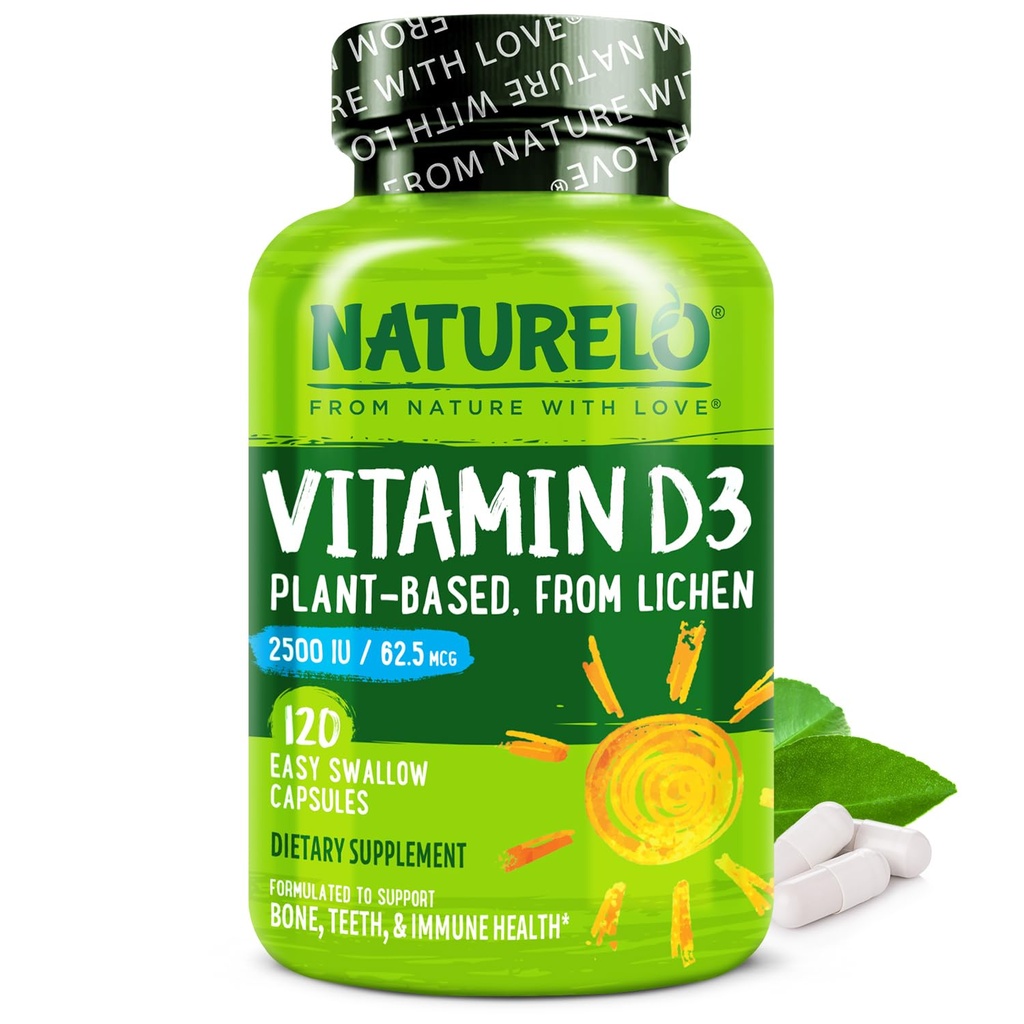 NATURALO D- 2500 IU - Kasvi Perustuu jäkälä - Natural D3 Supplement for Immunology, Bone Support, Joint Health - Vegan - ei-GMO - Gluteeniton - 120 kapselia