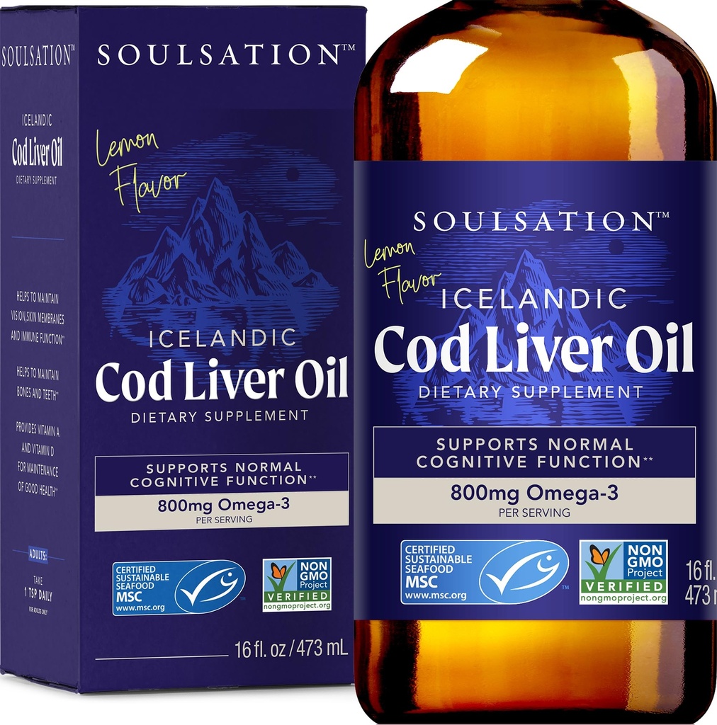 Islannin turska Liver Oil Liquid, Lemon (16oz) - A- ja D-vitamiinit, EPA & DHA - Helps Vision, Skin Membranes & Immunity Function - MSC Certified, non-GMO