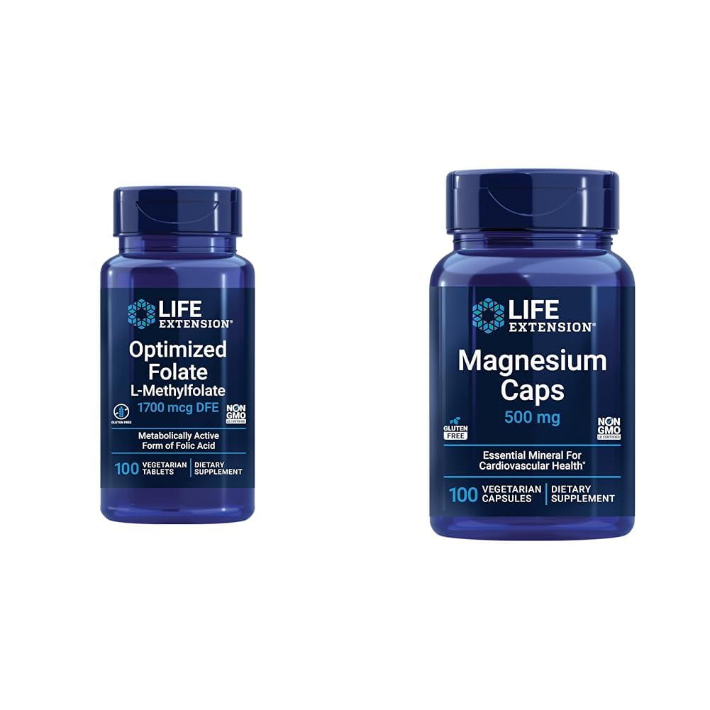 Life Extension Brain & Heart Health Folate och Magnesium Supplement Bundle, 100 tabletter och 100 kapslar