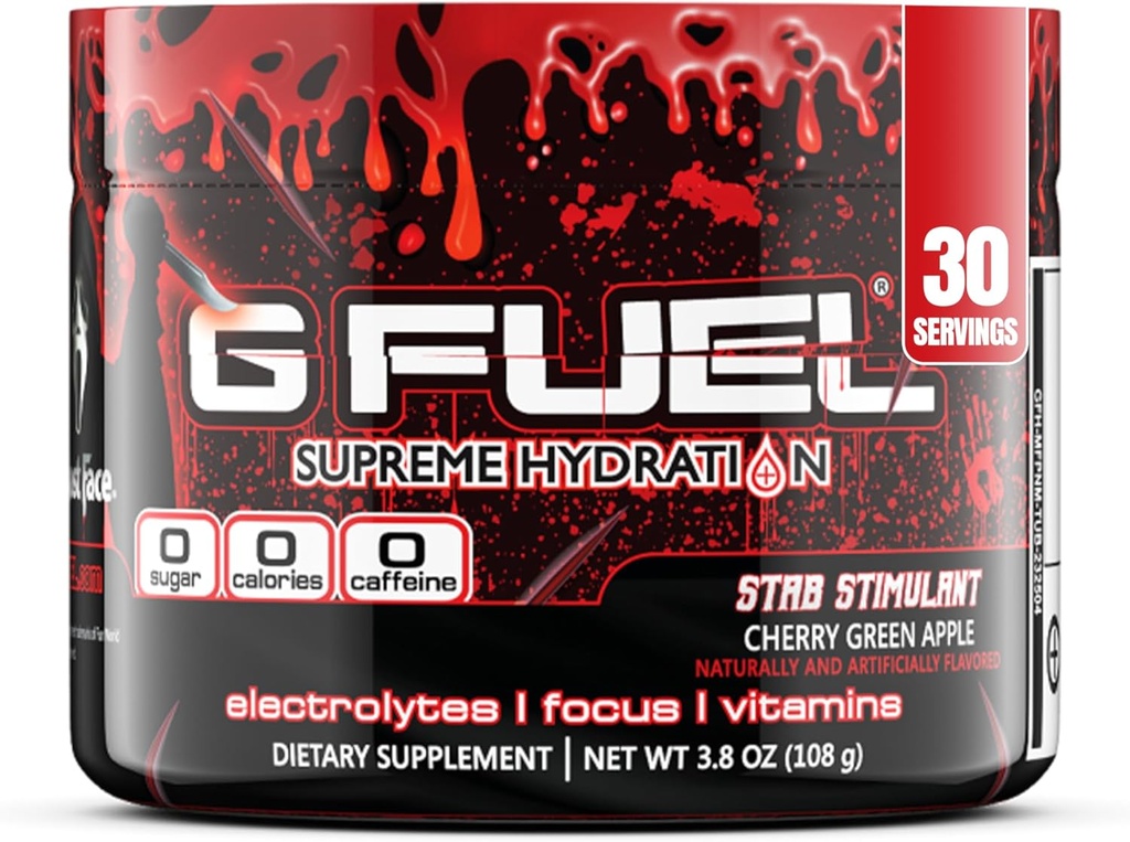 G Fuel Electrolyte Powder, Cherry Green Apple, Stab Stimulant, Zero Sugar ja kofeiiniton nesteytys Mix Electrolyyttejä ja vitamiineja, 3.8 oz (Ghost Face, 30 Servings)