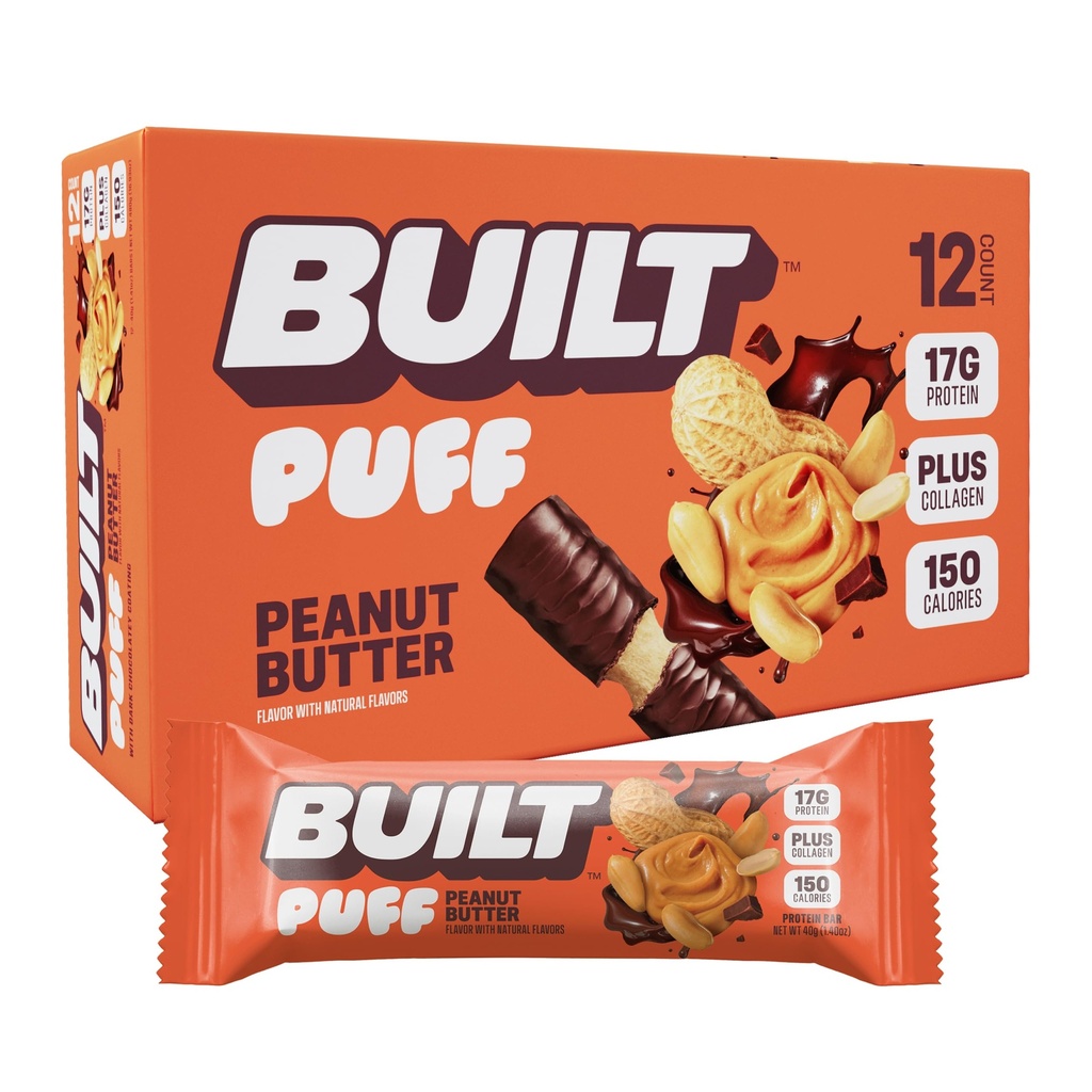 Rakennettu bar, Puff Protein Bars, Maapähkinävoi Puff, 17g Protein Snacks, On-The-Go Bars, Vain 150 kaloria, 6g sokeria, Kollageeni, Gluteeniton, 12 kreivi