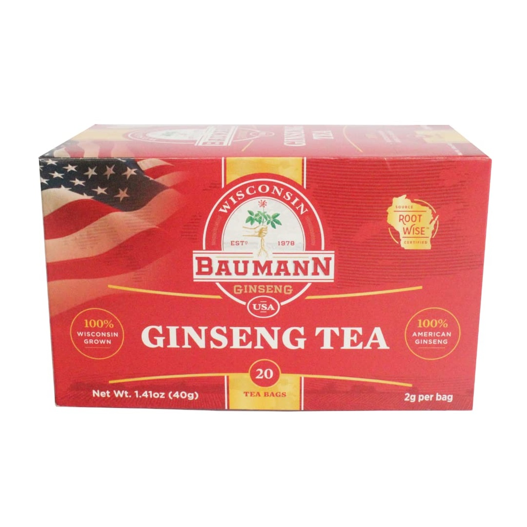 Baumann Premium American Ginseng Tea Bags (20 Tea Bags) - Autentisk Panax Wisconsin Grown Panax Ginseng Herbal Tea - Frisk grön te med antioxidant Ginsenosides för förbättrad fokus & energi