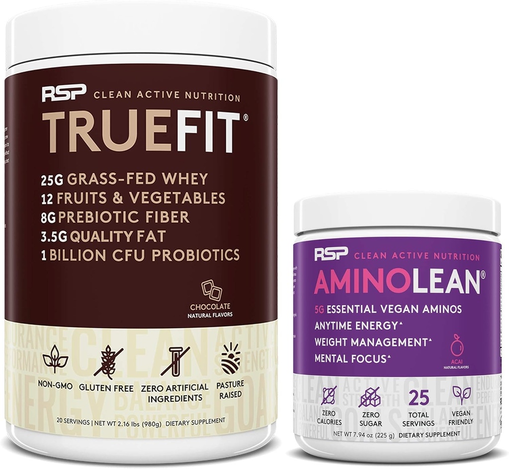 RSP NUTRITION Vegaani AminoLean Pre Treout Energy (Acai 25 Servings) kanssa TrueFit Protein Powder (Chocolate 2 LB)