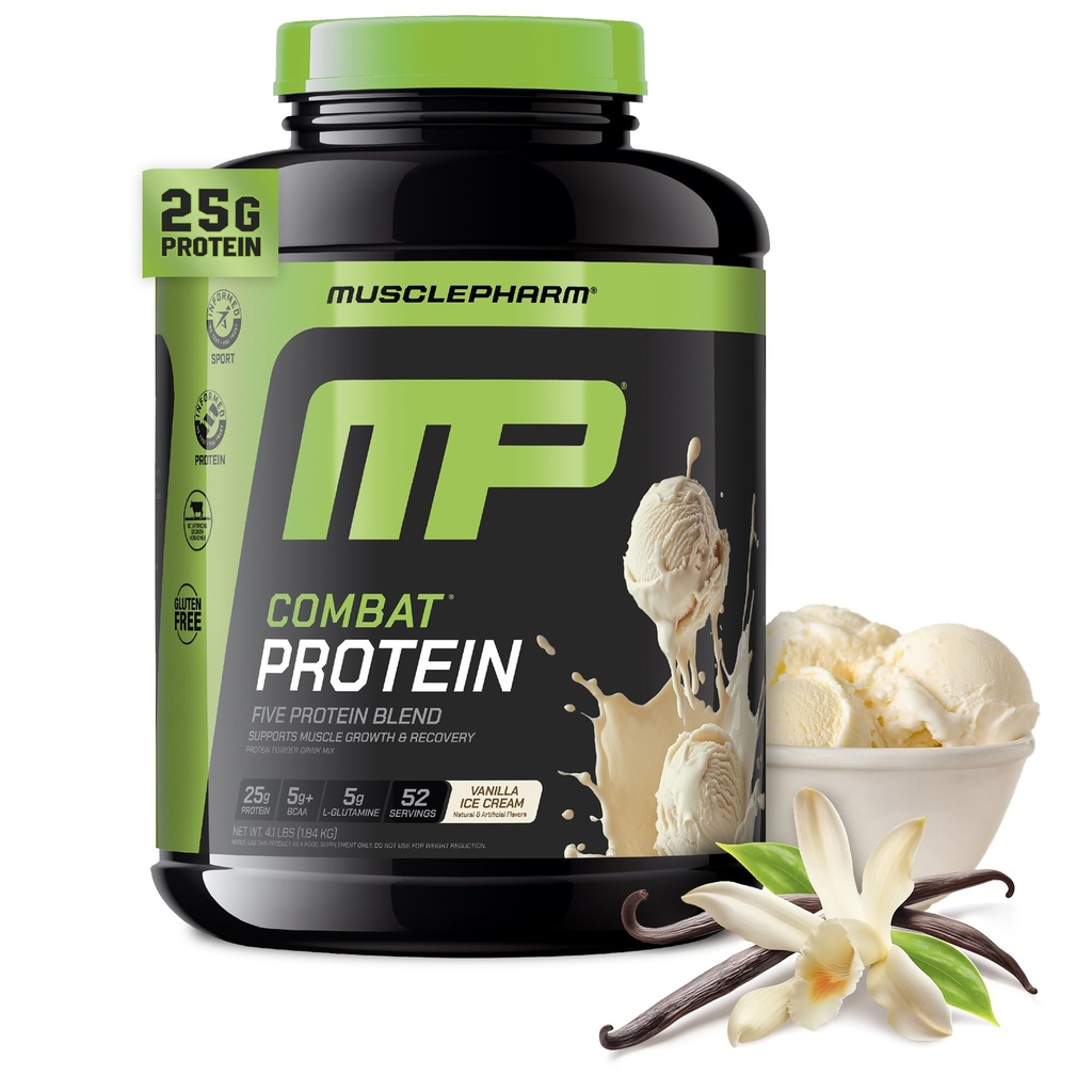 MusclePharm Combat Protein Powder, Vanilla Flavor, Fuels Muscles for Productive Workouts, 5 Protein lähteet kuten Whey Protein Isolate & Egg Albumin, Gluteeniton, 4 lb, 52 Tarjoilu