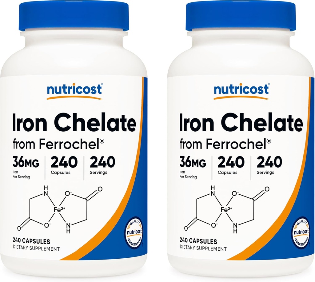 Nutricost Kelatoitu rauta, Ferrochelina, 36 mg, 240 kapselia (2 purkkia)