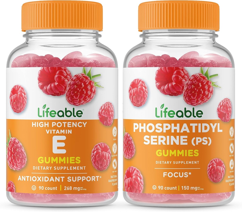 Elinkelpoinen E-vitamiini + Fosfatidyyliseriini (PS), Gummies Bundle - Suuri maku, vitamiinilisä, gluteeniton, GMO-vapaa, purukumi