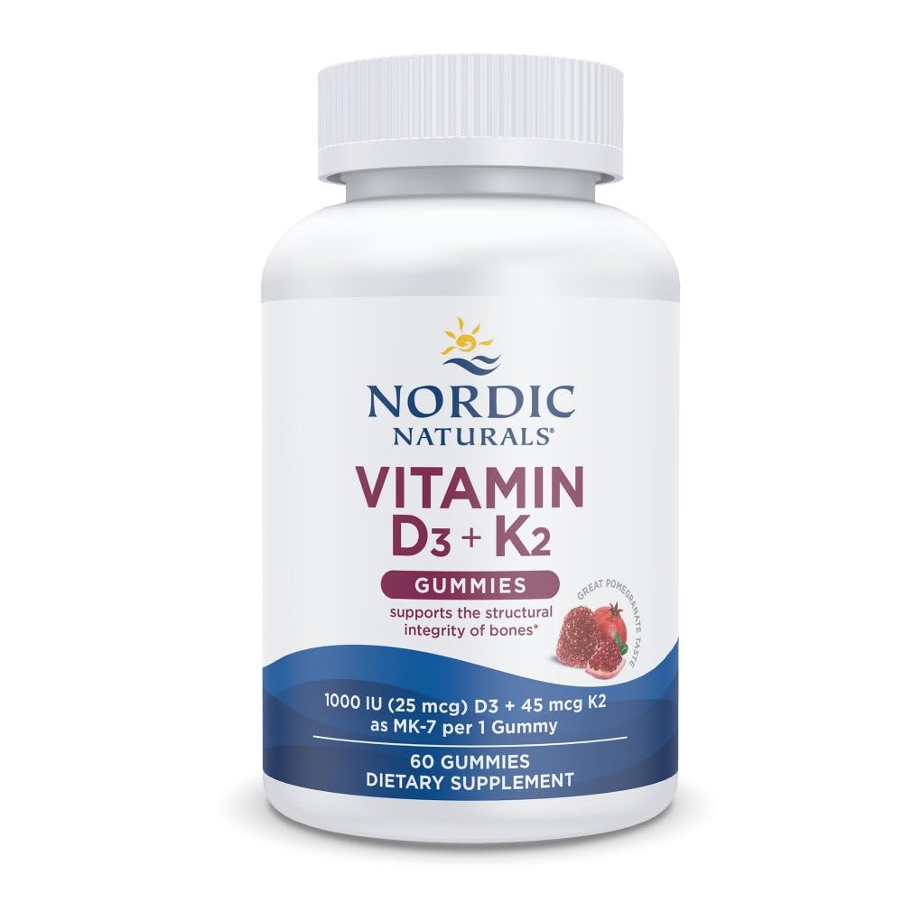 Nordic Naturals-vitamiini D3 + K2 Gummies, Granaattiomena - 60 Gummies - 1000 IU D3-vitamiini + 45 mikrog K2 - Suuri maku - Bone Health, edistää tervettä lihasfunktiota - ei-GMO - 60 tarjoilua