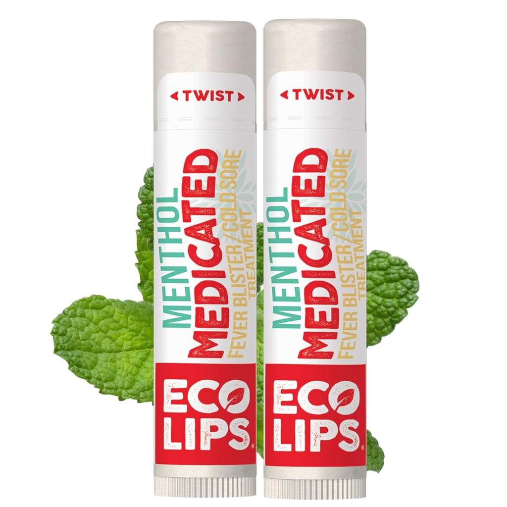 Eco Lips Certified Organic lääkehuuli balm kylmän syövän ja kuumeen läpipainopakkaukset mentoli, teepuu ja sitruuna Balm 2 pakkaus Eco Lips 100% luonnollinen. Valmistettu Yhdysvalloissa