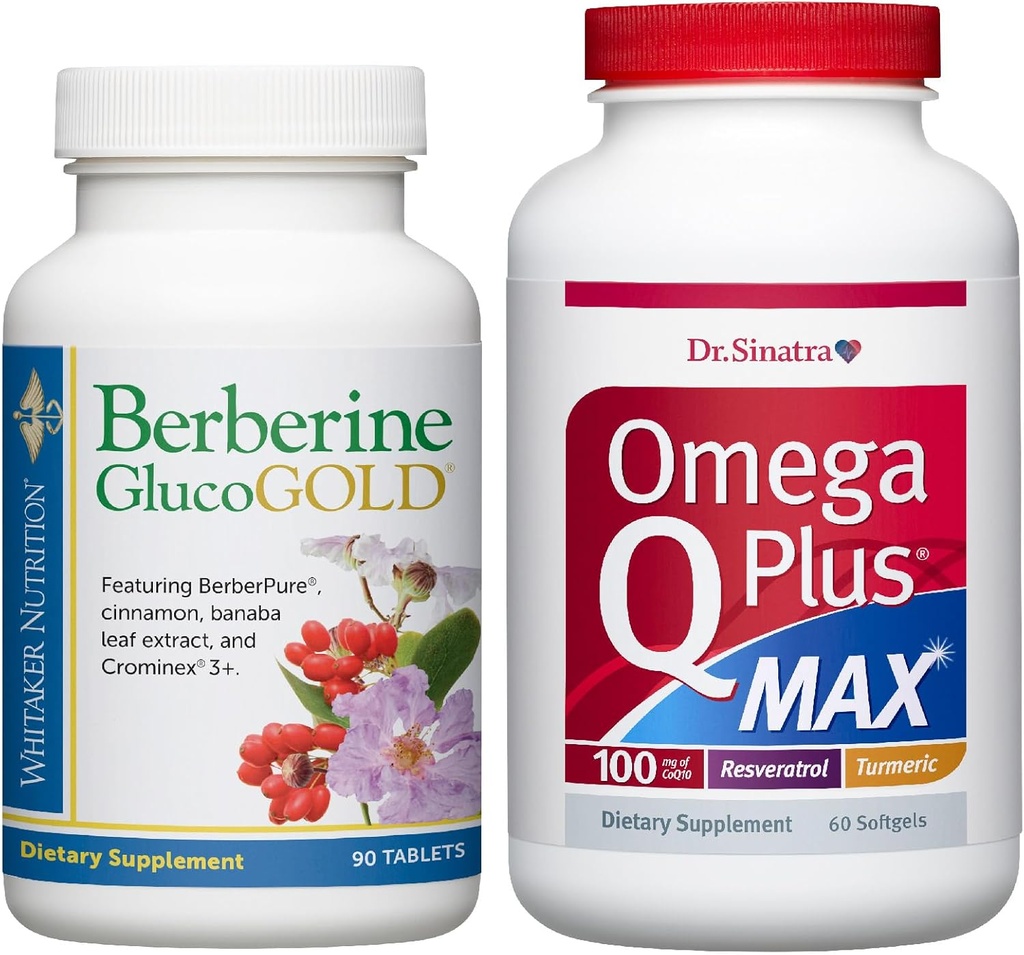 Dr. Whitaker.s Berberine GlucoGold with 1500mg BerberPure Berberine, Cinnamon, Crominex PLUS Dr. Sinatra.s Omega Q Plus MAX Advanced Heart Health Support with 100mg CoQ10, Turmeric, and more BUNDLE