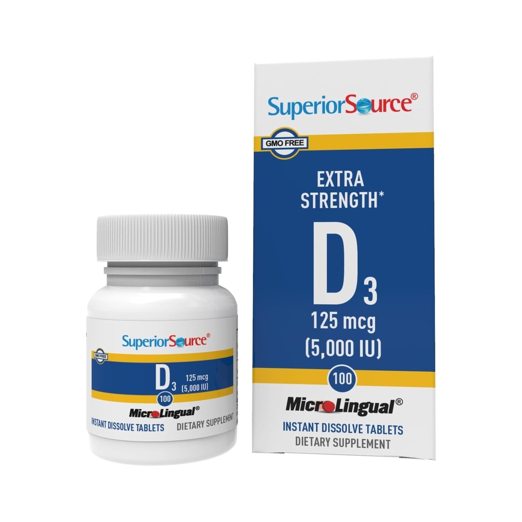 Superior Source D3-vitamiini 5000 IU - tarjoaa immuunijärjestelmän, aivojen ja hermoston tukea - Auttaa kalsiumin imeytymistä hampaiden ja luun terveys - Bariatric Friendly - 100 sublingual dissolving tablettia