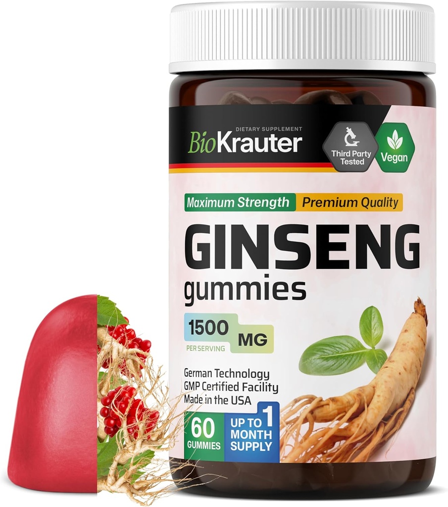 BIO KRAUTER Panax Ginseng Gummies - 1500 mg Vahvuus - 60 Count - Pureskeltava Red Ginseng Supplement - Immuunituki Gummies - Vegaani, Pektiinipohjainen, ei-GMO