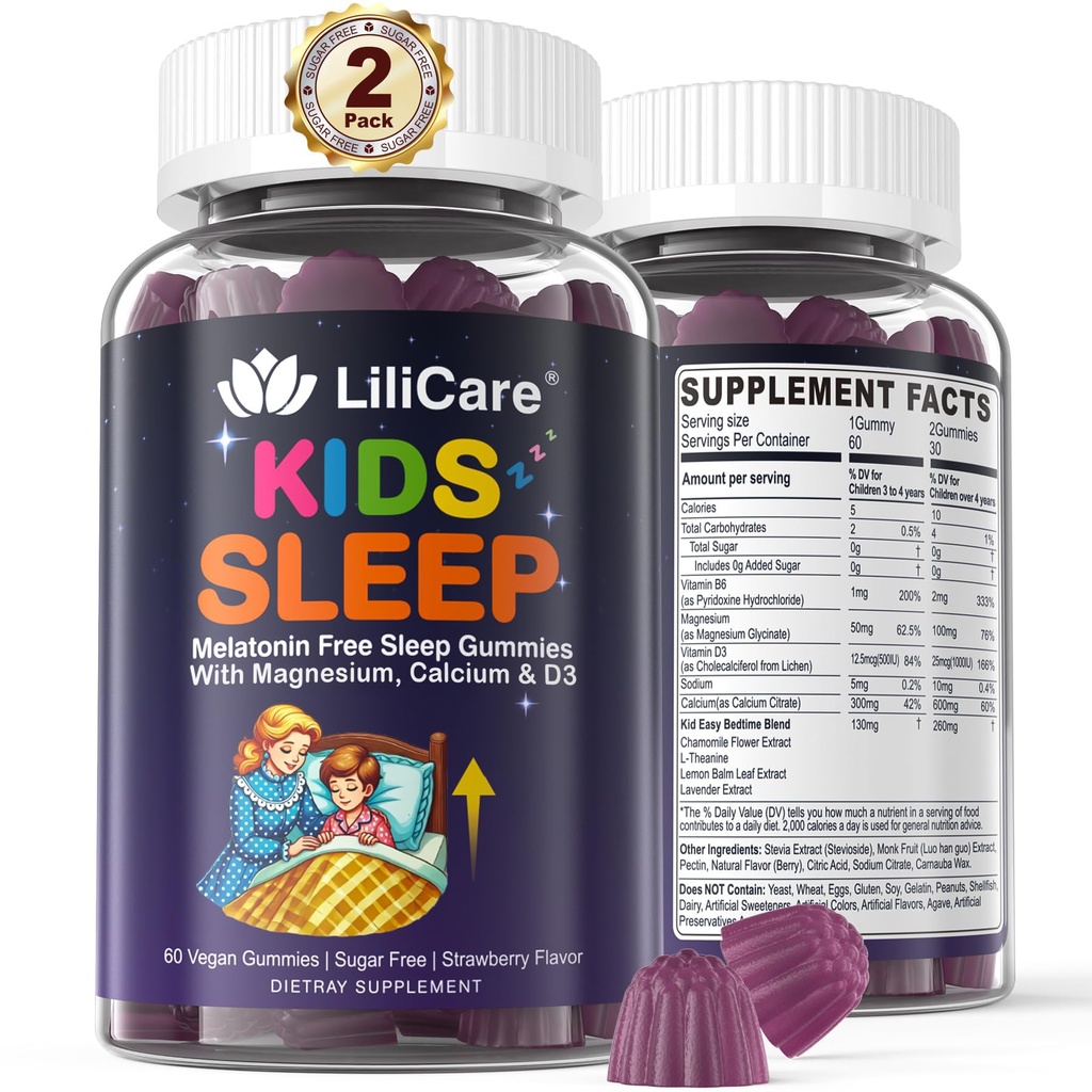 Kids Sleep Gummies - Magnesium Glycinate Gummies, Melatonin Free Sleep Aid | Magnesium, Calcium, D3, B6, L Theanine | Kid Melatonin Alternative för Restful Sleep (Pack of 2)