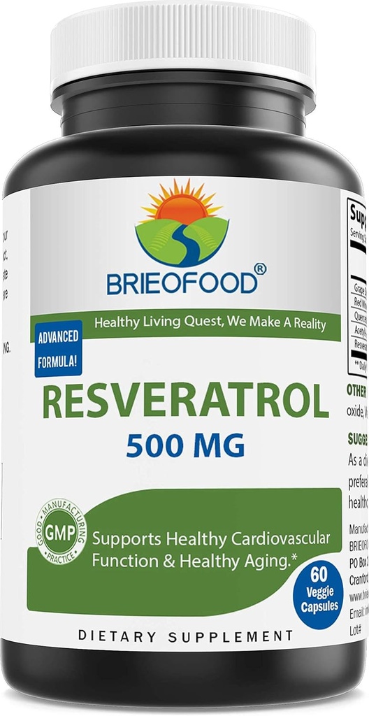 Brieofood Resveratrol 500mg - Luonnollinen antioksidantti täydentää sydän- ja verisuonijärjestelmän terveys - 60 kasviskapselit
