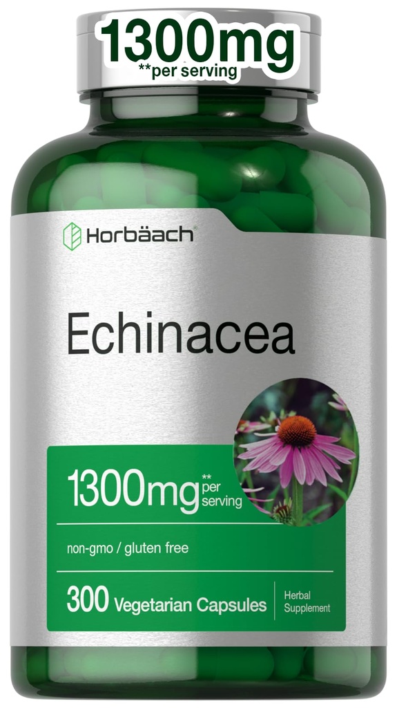 Horbäach Echinacea Extract Capsules 1300mg ... 300 Count Vegan, non-GMO, Gluteeniton Supplement