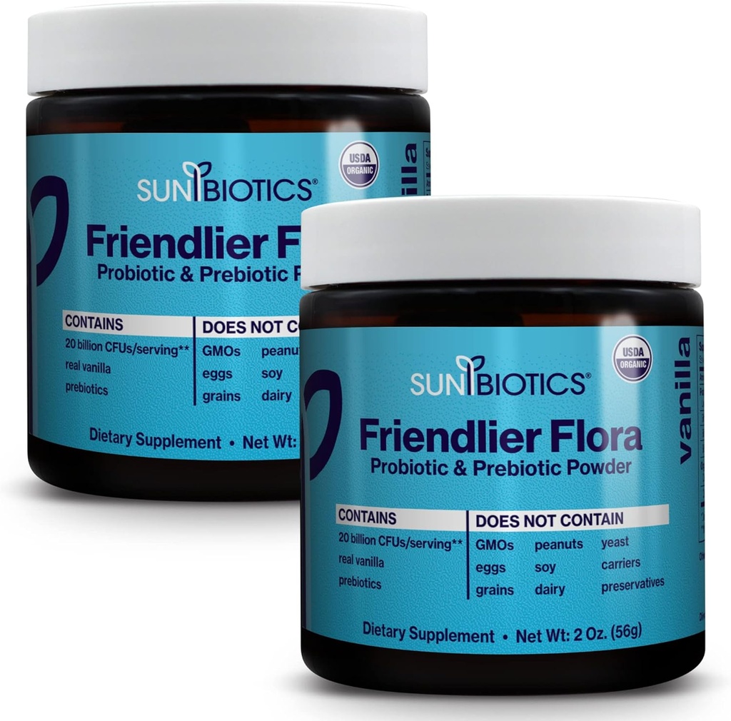 SUNBIOTICS Friendier Flora - Prebiootti & Probioottijauhe naisille ja miehille 20 miljardia PMY:ää 4 Probioottikanta Hyvän Gut Flora, Immuunijärjestelmä & Balanced Microbiome - Vanilla, (paketti 2)