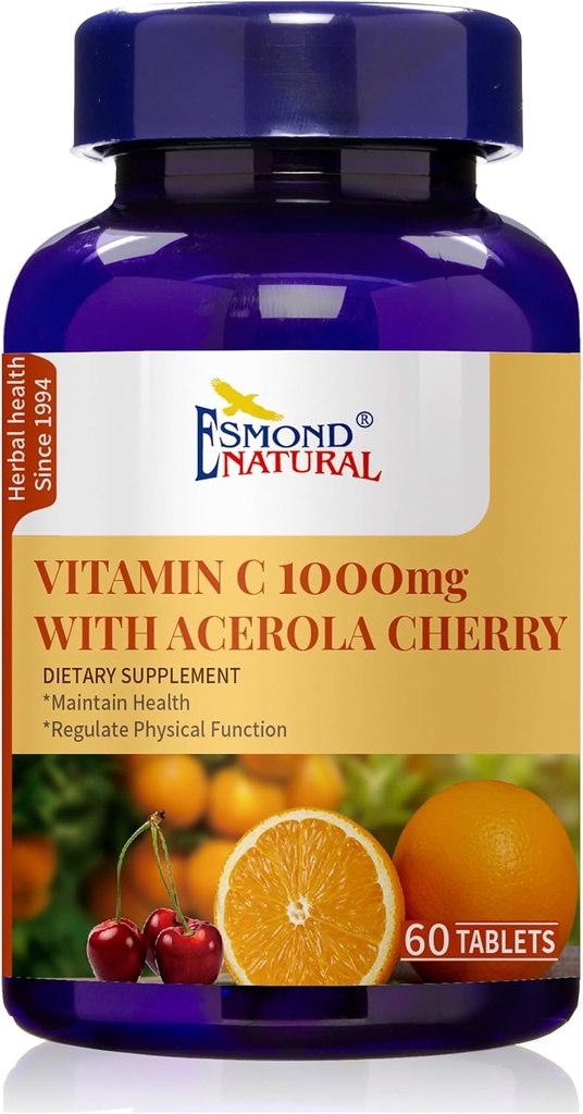 Vitamin C 1000mg med Acerola Cherry (Supports Immune System, Energy Levels, Skin Vitality), GMP, Natural Product Assn Certified, Made in USA - 1000mg, 60 tabletter