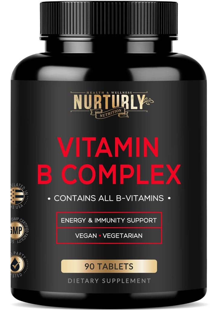 Vitamin B-komplex - Innehåller alla väsentliga B-vitaminer - B1, B2, B3, B5, B6, B7, B9, B12 och Biotin - Super B-komplex vitaminer för energi, immunitet och humörstöd - 90 tabletter