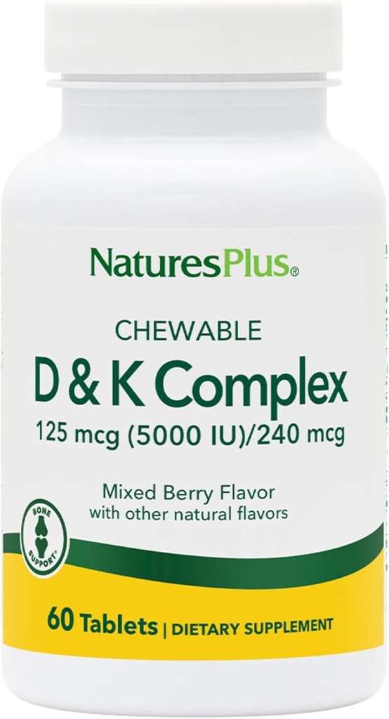 Natures Plus D & K Complex - 60 Mixed Berry Chewables - Tukee kalsiumaineenvaihdunnan - Kasvissyöjä, ei-GMO, Gluteeniton, soijaton - 60 tarjoilua