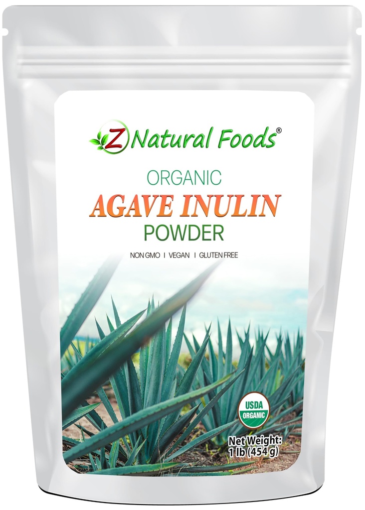 Z Natural Foods Organic Agave Inulin Powder, Natural Fiber Superfood Superfood Powder for Drinks, Smoothies, and Recipes, Raw, Ei-GMO, Vegan, Gluteeniton, Kosher, 1 lb