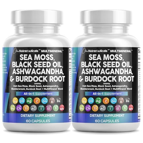 Clean Nutraceuticals Sea Moss Black Seed Oil Ashwagandha Turmeric Rakkorapu Murdock & C-vitamiini D3 kanssa Elderberry Manuka Voikukka Keltainen Dock Jodi klorofylli ACV - 2Pack