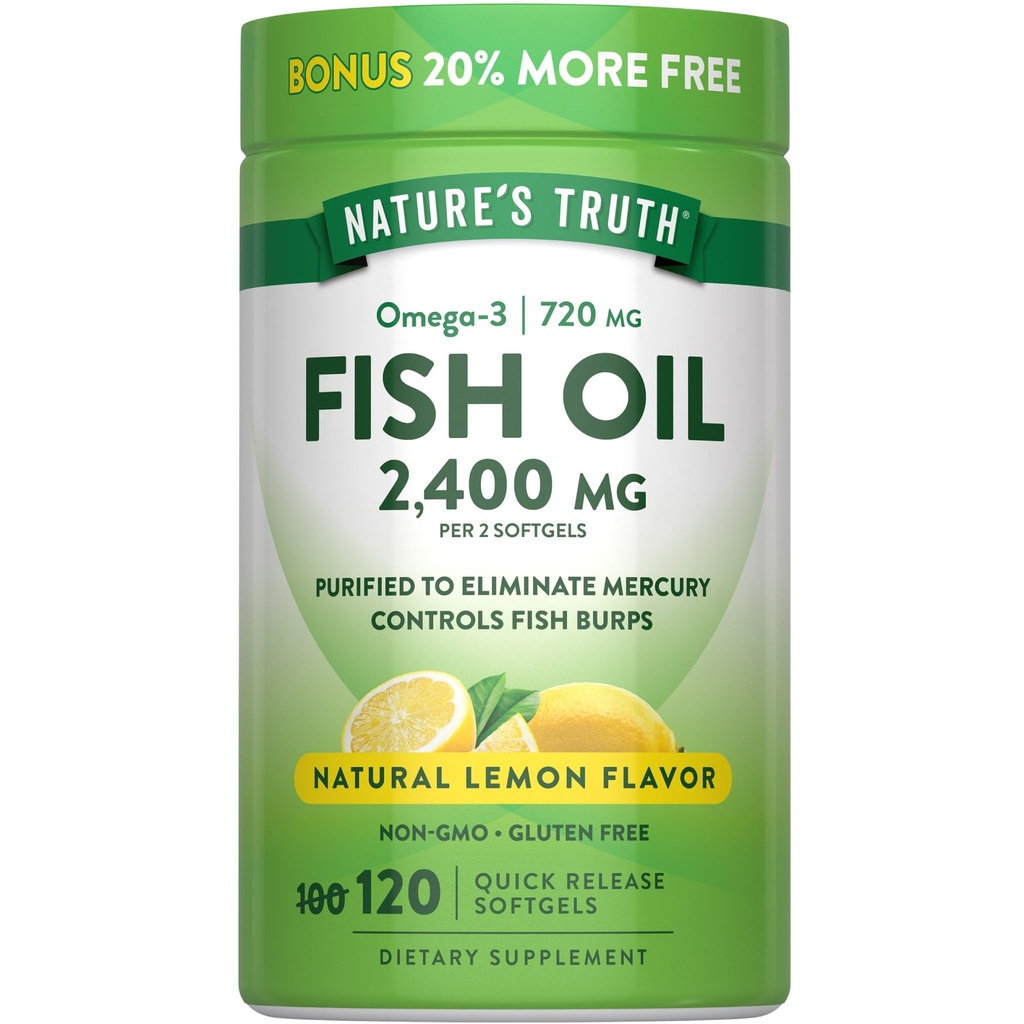 Naturens Sanning Fisk Oil 2400mg | 120 Snabb Släpp Softgels | 720 mg Omega 3 | Burpless Lemon Flavor Pills | Non-GMO & Gluten Free Supplement