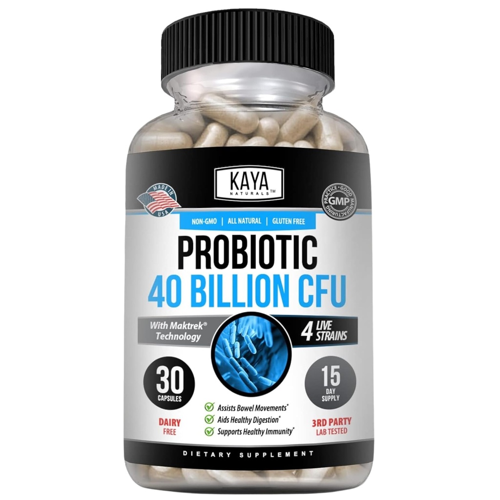 Kaya Naturals Probiootti 40 miljardia PMY - Probiootit naisille, Probiootit miehille ja aikuisille, Natural - Gut Health & Immuuni tuki täydentää - Edistää digestiivinen terveys - 30 Count