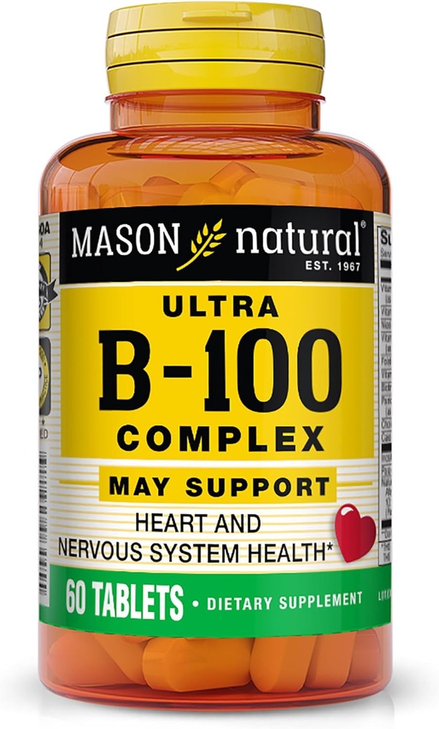 MASON NATURAL Ultra B-100 Complex - Terve sydän ja hermosto, parantaa immuunitoiminnan ja energian aineenvaihduntaa, 60 tablettia