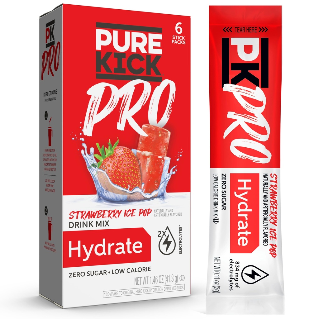 PURE KICK PRO Hydration Electrolyte Drink Mix, Strawberry Ice Pop, innehåller 1 låda med 6 paket i varje låda