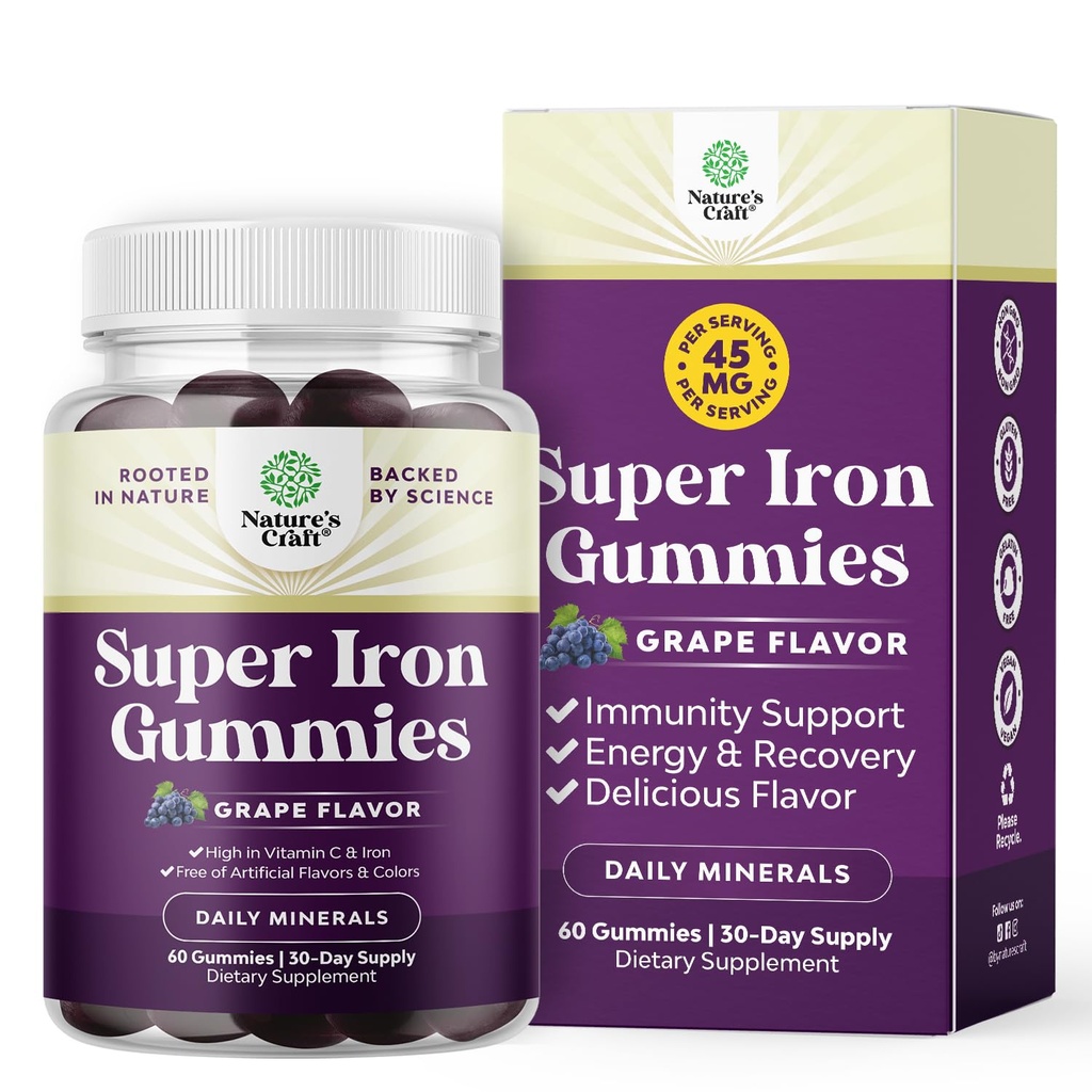 Extra Strength Iron Gummies naisille ja miehille - Potent 45 mg per Tarjoilu purutabletti täydentää naisille ja miehille C-vitamiinia suurempi Imeytyminen - Vegaani päivittäin Iron Gummy Ei Keinotekoisia makuja