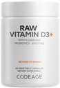 Codeage Raw Vitamin D3 + High Potency 5000 IE Supplement från Saccharomyces Cerevisiae - Raw Vitamin, Probiotika, Digestive Enzymes, Fruits & Greens - 2-månaders leverans - 60 kapslar