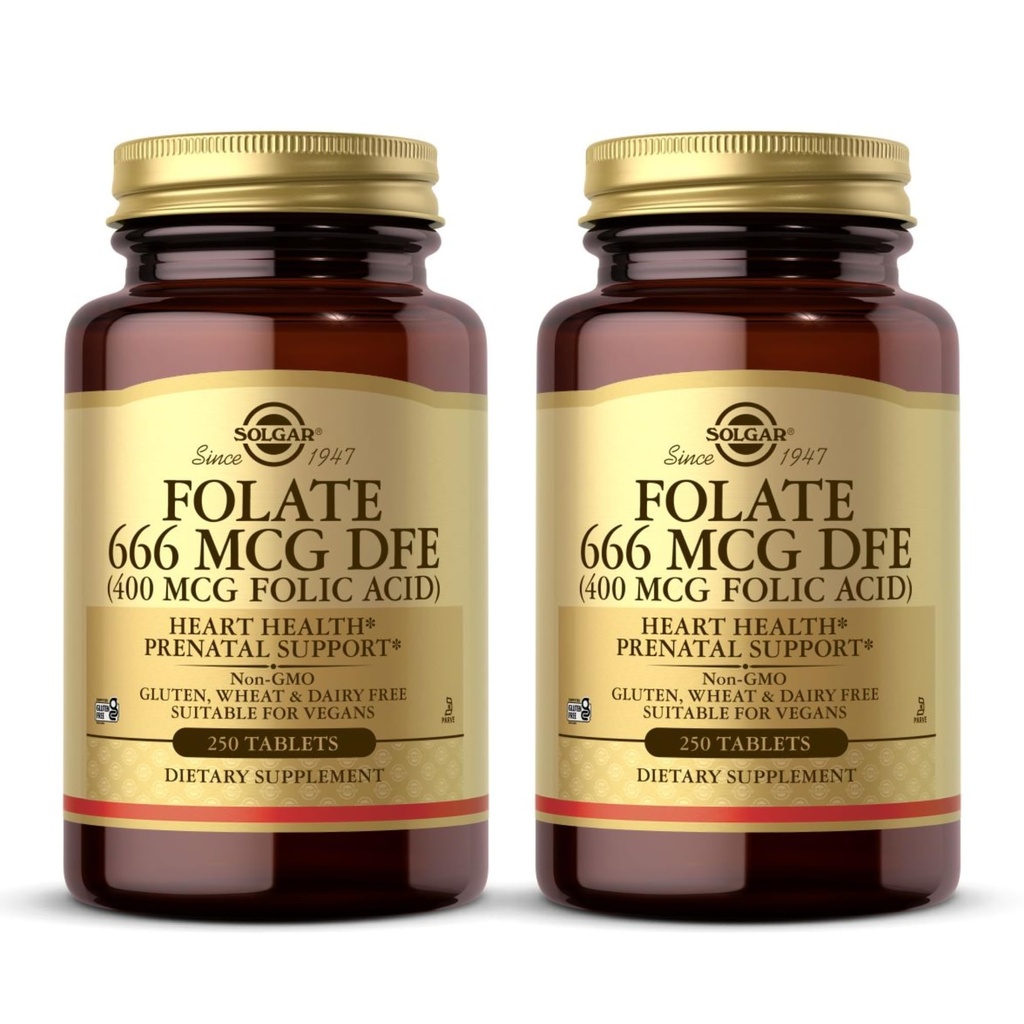 Solgar Folate 666 mikrog DFE (Foolihappo 400 mikrog) - 250 tablettia, pakkaus 2 - Prenatural Support - Ei-GMO, Vegan, Gluteeniton, Dairy Free, Kosher - 500 yhteensä