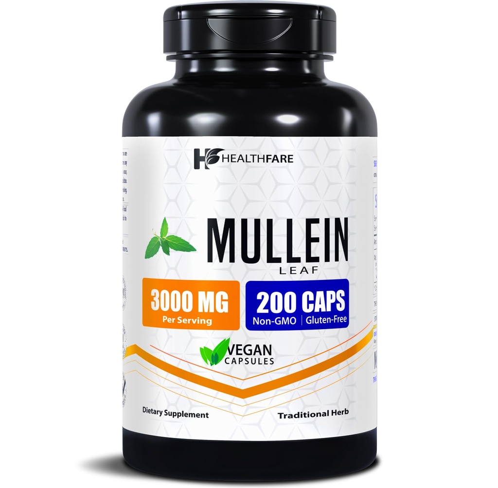 Healthfare Mullein Leaf Extract 3000mg | 200 Vegan Capsules | Extra Strength Herbal Supplement | Stöder Wellness & Balance | Non-GMO, Gluten-Free | Made in USA