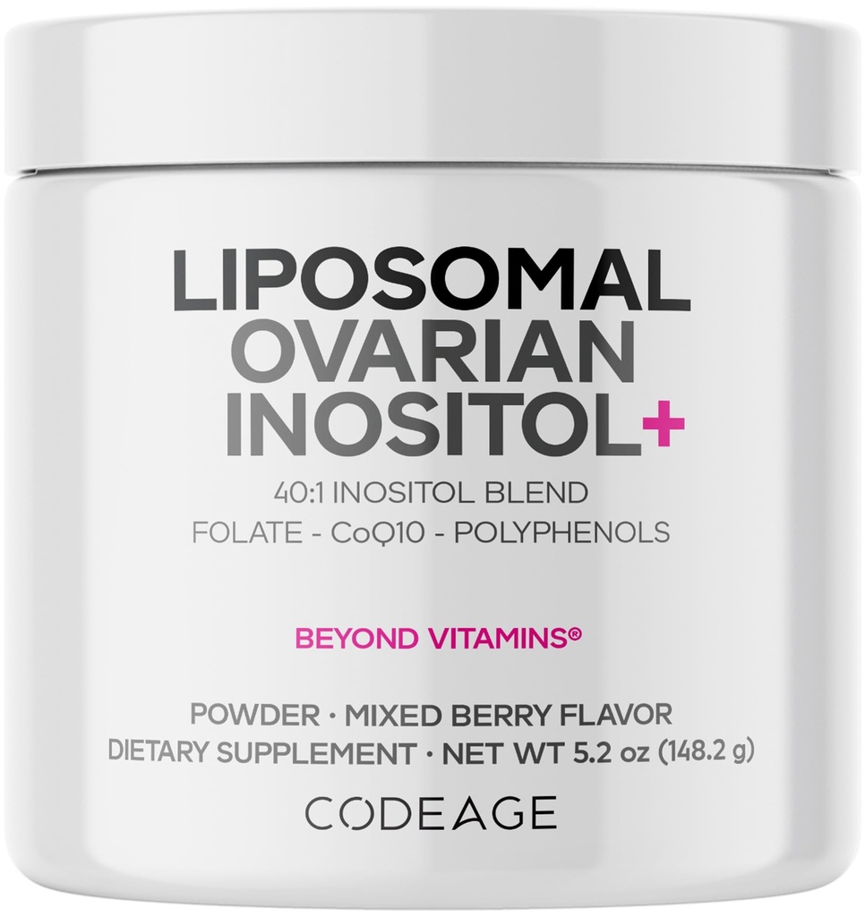 Codeage Liposomal Ovarian Inositol Powder - Myo-Inositol & D-Chiro-Inositol 40:1 Blend, Folate 5-MTHF, CoQ10, Pomegranate & Wild Blueberry - 2-månaders leverans - Mixed Berry Flavor - Non-GMO, 60 Servings