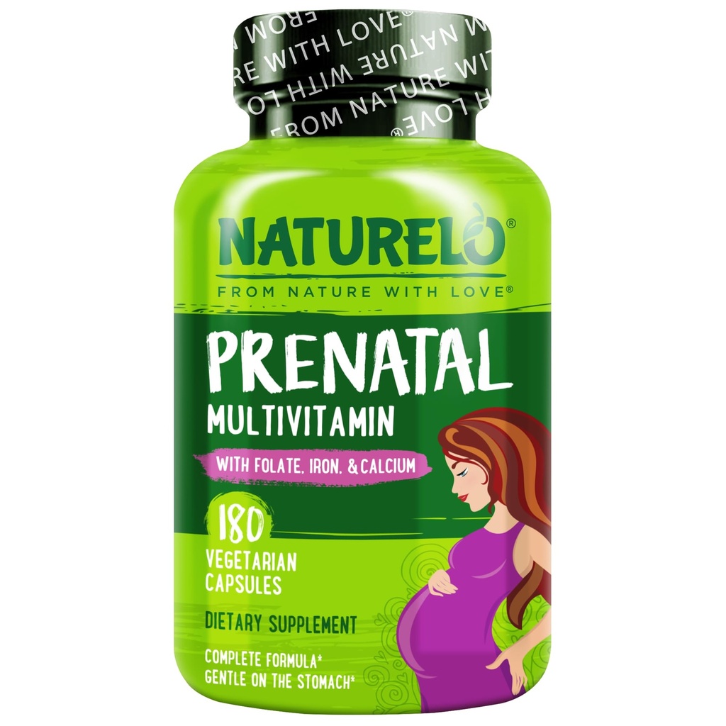 NATURALLO Prenatal multivitamiini with Gentle Chelated Iron, Methyl Folate, Plant Kalsium & Koliini - Vegaani, kasvissyöjä - ei-GMO - Gluteenittomat - 180 kapselia - 2 kuukauden toimitus