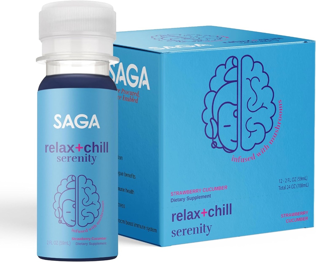 SAGA Organic Relaxation Shots | Innehåller Adaptogens & Mushrooms - Lion's Mane & Kava | High Bioavailability & Fast Onset | Elevate Mood & Reduce Fatigue | Strawberry Cucumber 2oz Shots (12-Pack)