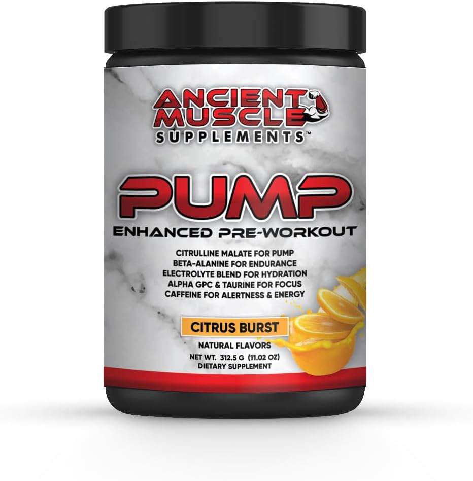 Pump Pre Workout Supplement med Citrulline Malate, Beta Alanine, Alpha GPC - Förbättrad Pump Supplement förbättrar energi, fokus och absorption - Citrus Burst Protein Powder