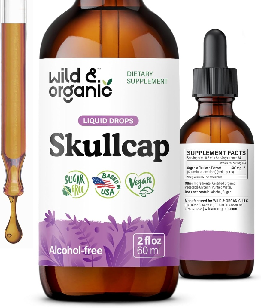 Wild & Organic Skullcap Tincture - Rentoutuminen, Hyvä mieliala, rauhallisuus - Liquid Skullcap Herb Supplement - Vegan, sokeri & alkoholiton tippa - 2 fl oz