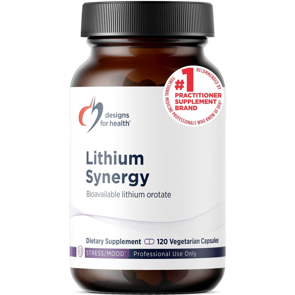 Design för hälsa Litium Synergy - 5mg Lithium Orotate med TMG + B12 Methylcobalamin - Bioavailable Mood + Methylation Support Supplement, Non-GMO + Vegetarian (120 kapslar)