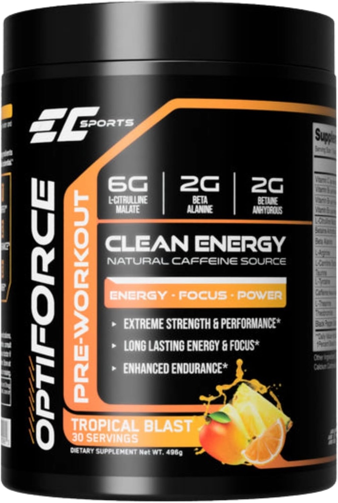 EC Sports OptiForce Pre-Workout Tropical Blast Supplement Powder - Clean Energy & Natural Comfeine w/Long-Lessing Endurance and Focus - 30 Servings