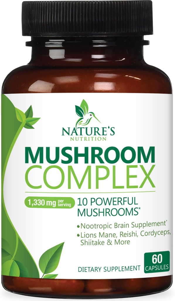 Mushroom Brain Supplement 1330 mg - 10 i 1 High Strength Mushroom Complex med Lions Mane, Turkiet Tail, Reishi, Cordyceps, Chaga & Brain Nootropic Complex för Memory & Focus Support - 60 kapslar